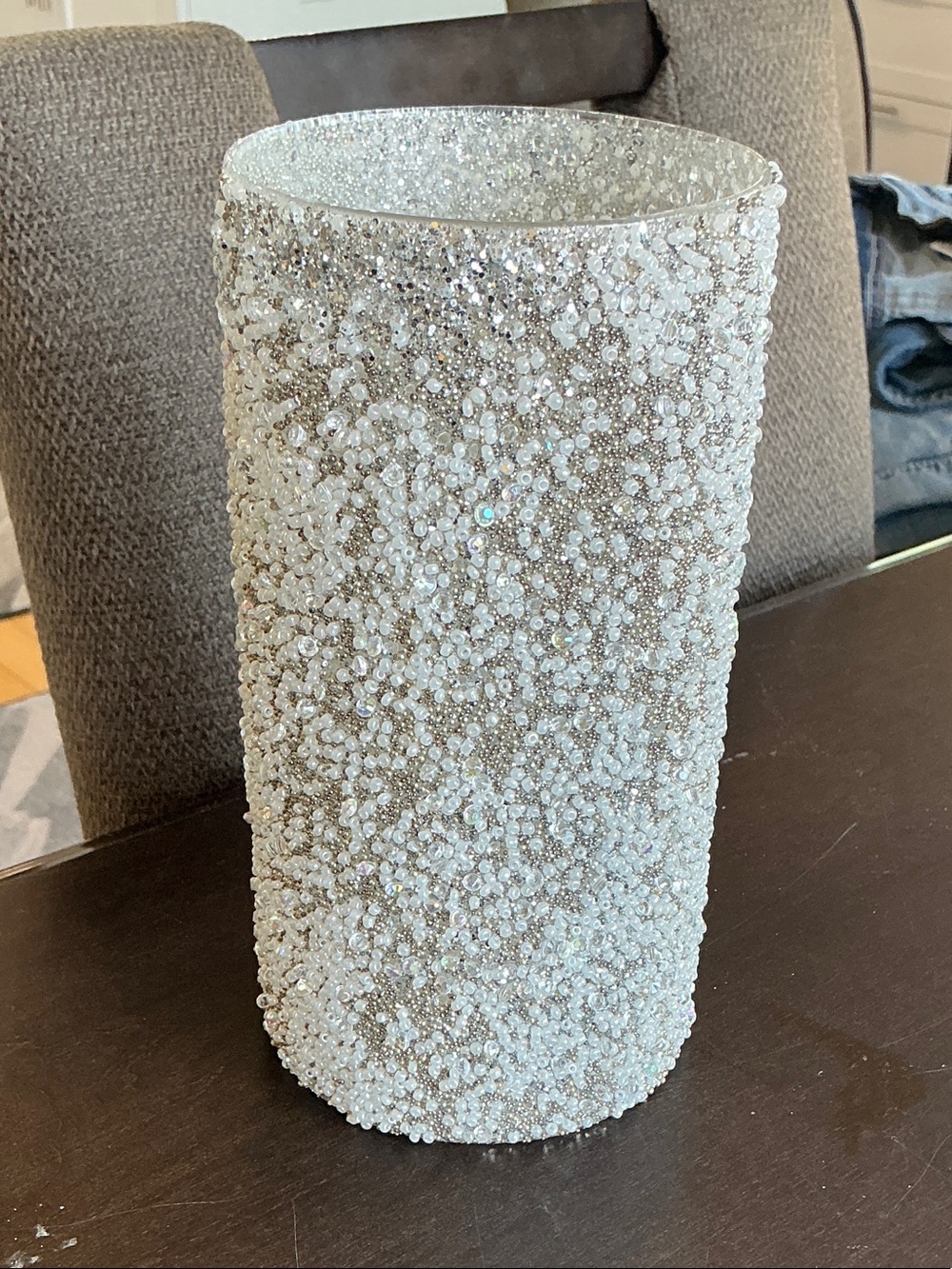 Decorative Beaded White  & SilverCylinder Vase - Sparkling Accent